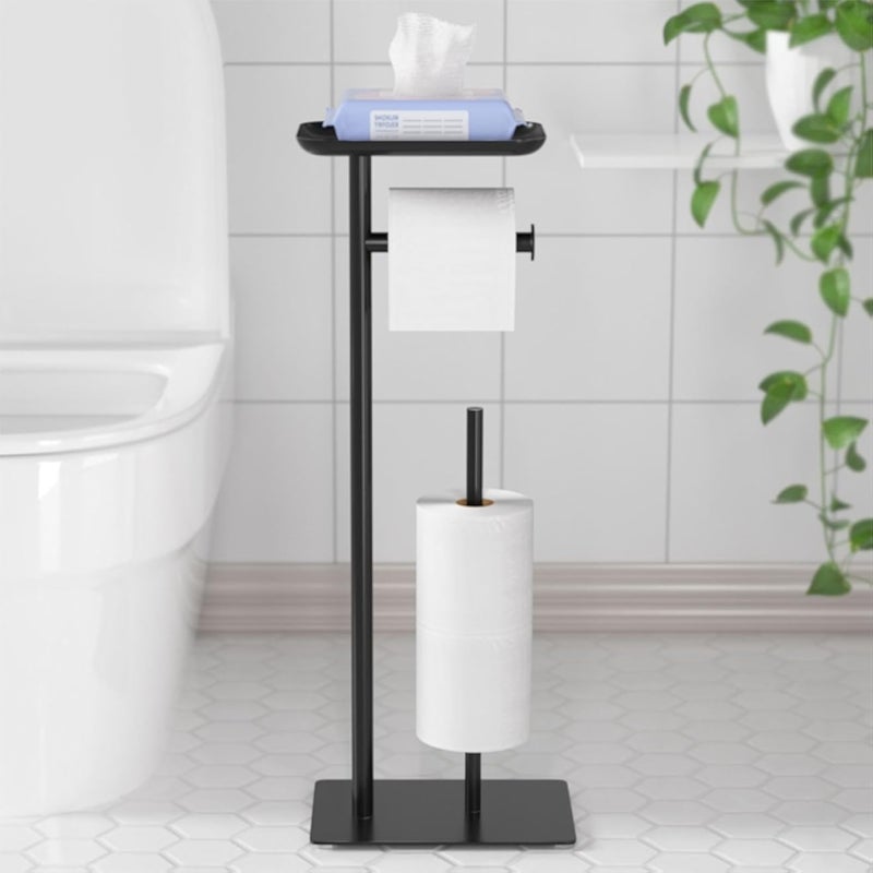 حامل ورق تواليت قائم بذاته من نيفجاف مع رف علوي، حامل ورق تواليت أسود، حامل ورق تواليت أرضي، قائم مع مساحة لأربع لفات احتياطية